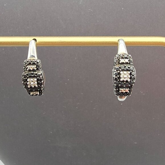 Sterling Silver & Black Rhinestone Half Hoop Post Earrings .75" Prong Setting - Picture 2 of 9